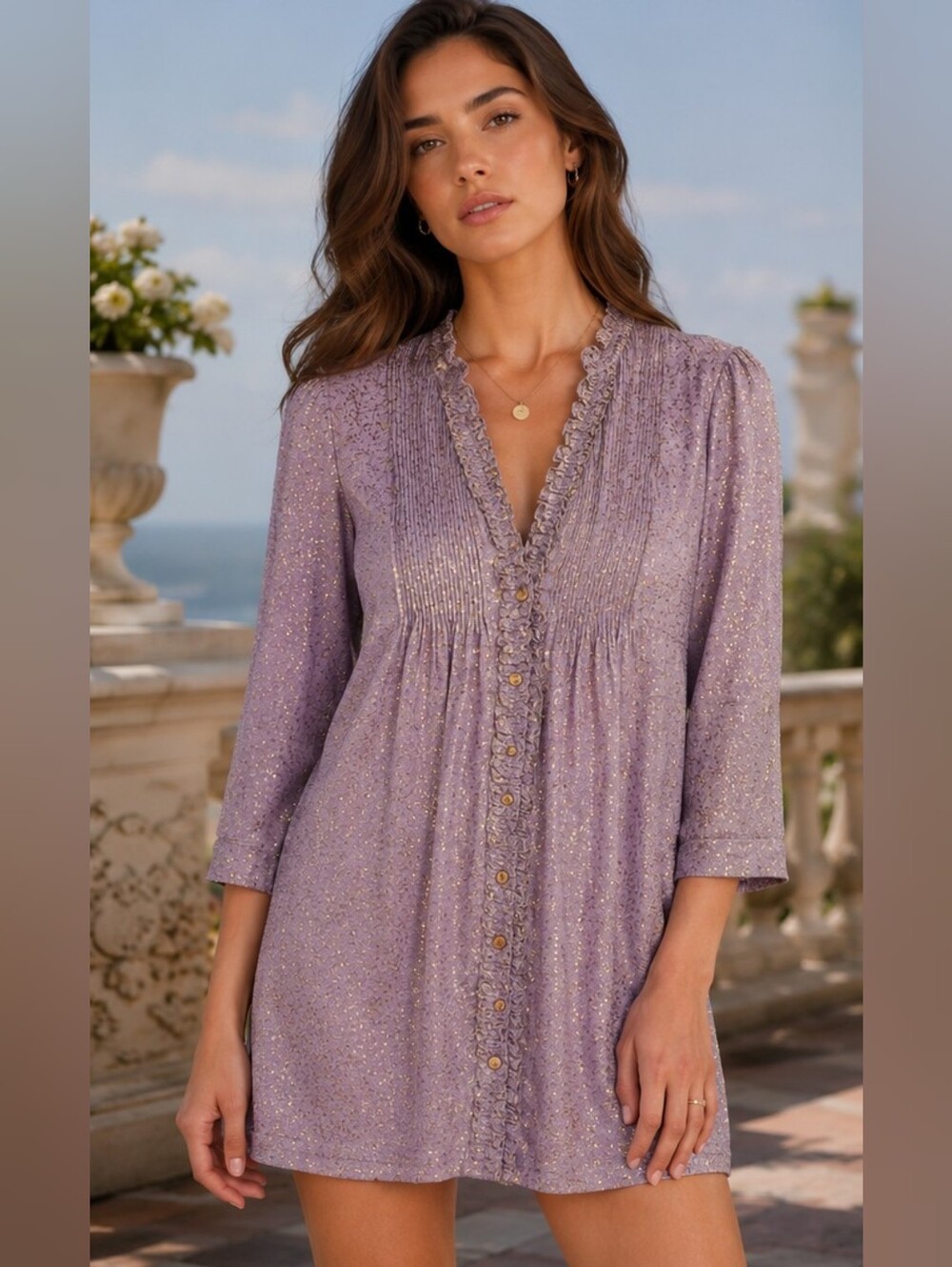 Diane Von Furstenberg Lilac Metallic Dress - Elegant Button-Front Tunic Sz 4